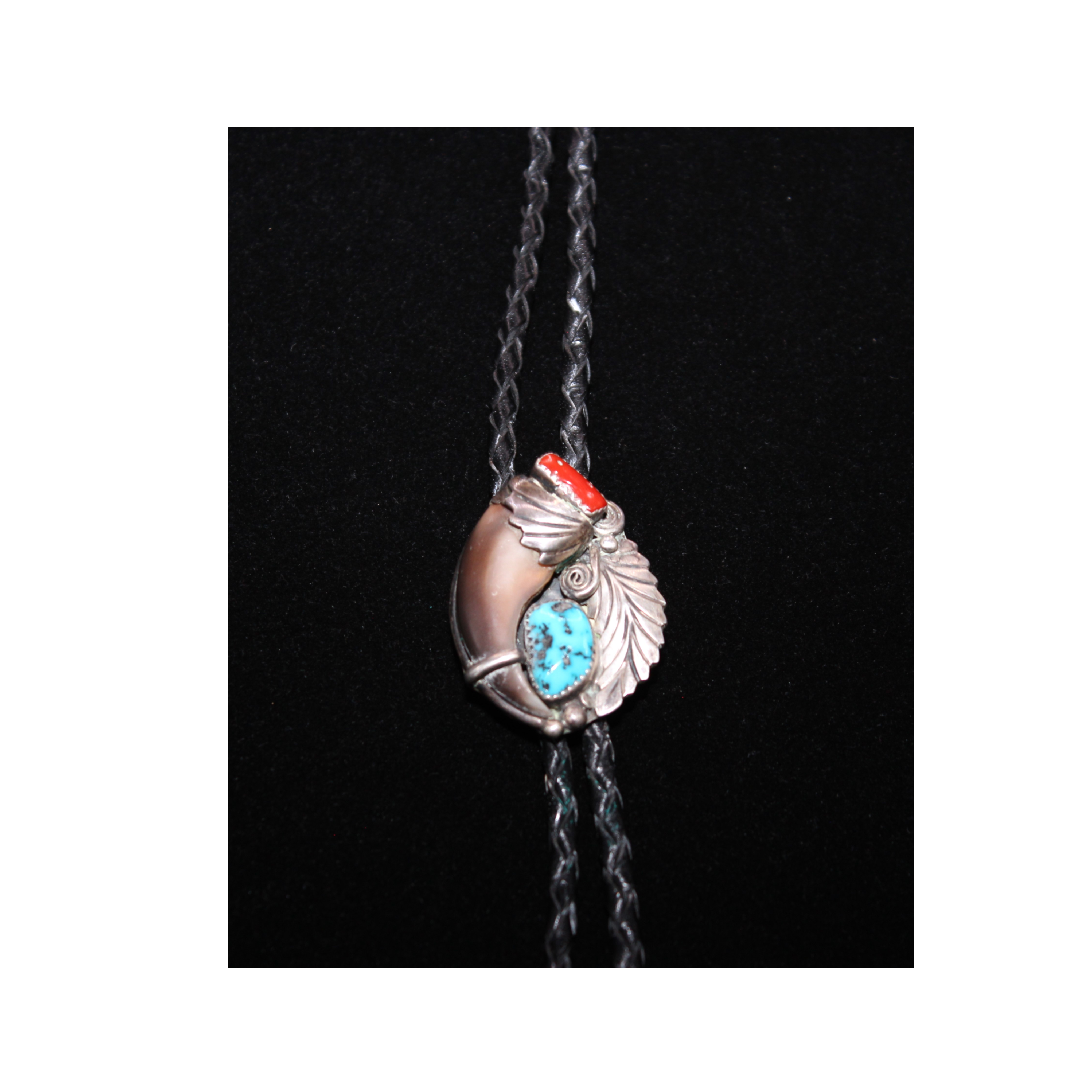 Vintage Navajo Bolo Tie w/ Bear Claw in Coral & Turquoise Stones. All