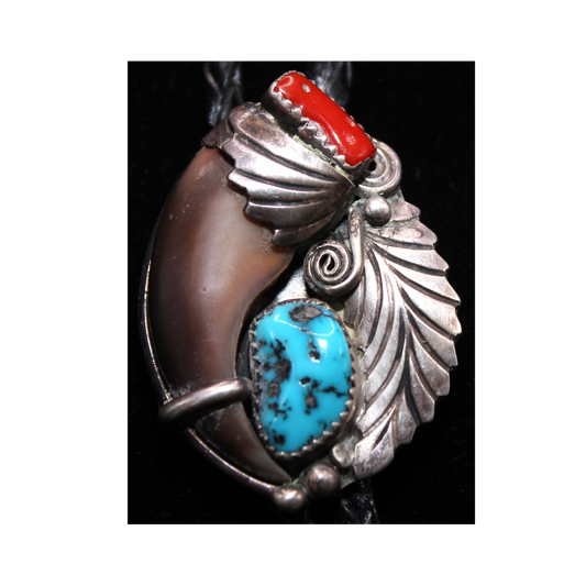 Vintage Navajo Bolo Tie w/ Bear Claw in Coral & Turquoise Stones. All Sawtooth Bezel Set.