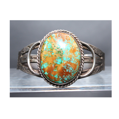 Stunning Vintage Navajo Cuff Bracelet Sterling Silver w/ Royston Turquoise