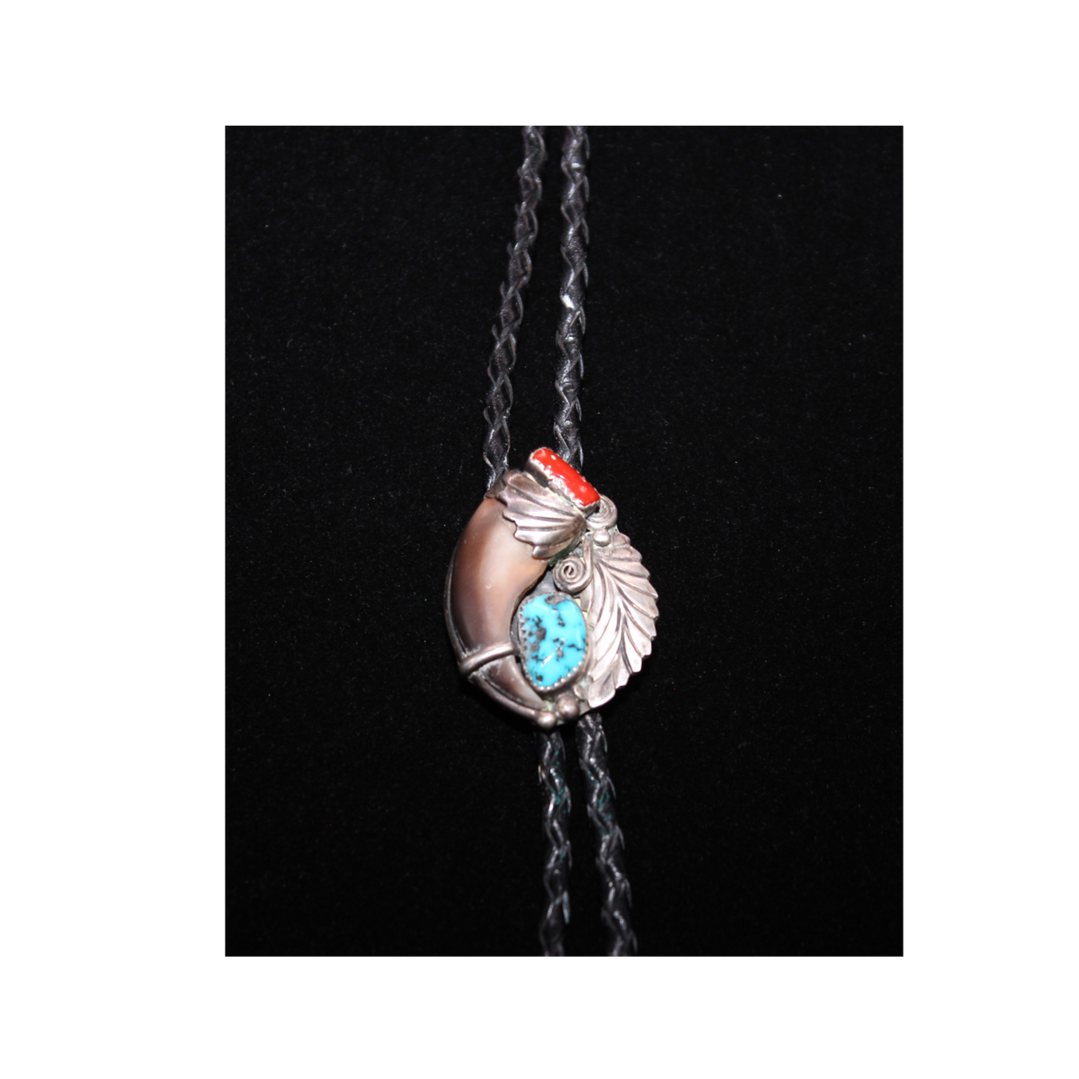 アクセサリー BernardDawahoya SterlingSilver BoloTie Vintage Navajo Bolo Tie w/ Bear Claw in Coral & Turquoise Stones