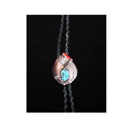 Vintage Navajo Bolo Tie w/ Bear Claw in  Coral & Turquoise Stones. All Sawtooth Bezel Set.