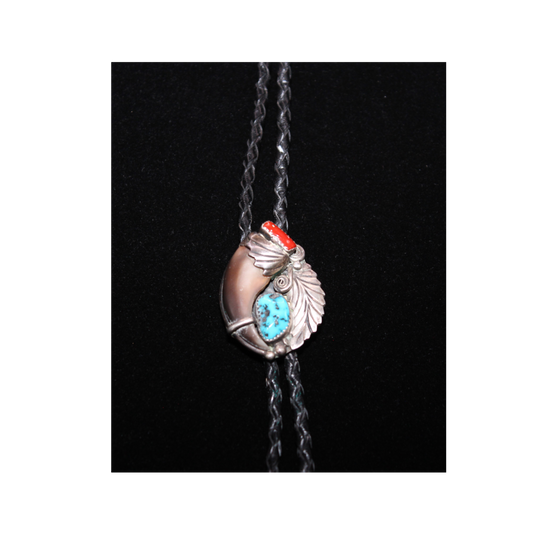 Vintage Navajo Bolo Tie w/ Bear Claw in  Coral & Turquoise Stones. All Sawtooth Bezel Set.