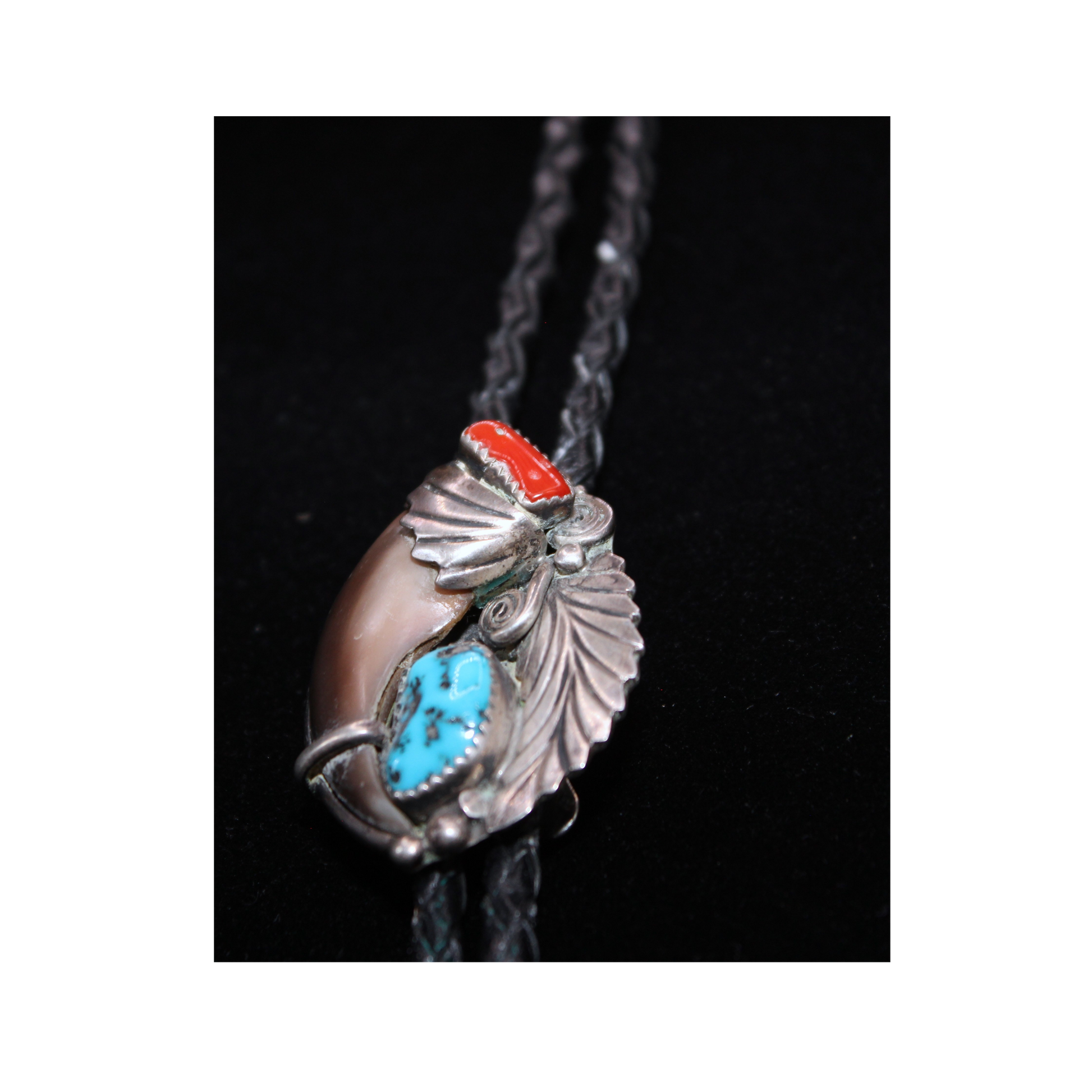 Vintage Navajo Bolo Tie w/ Bear Claw in Coral & Turquoise Stones. All