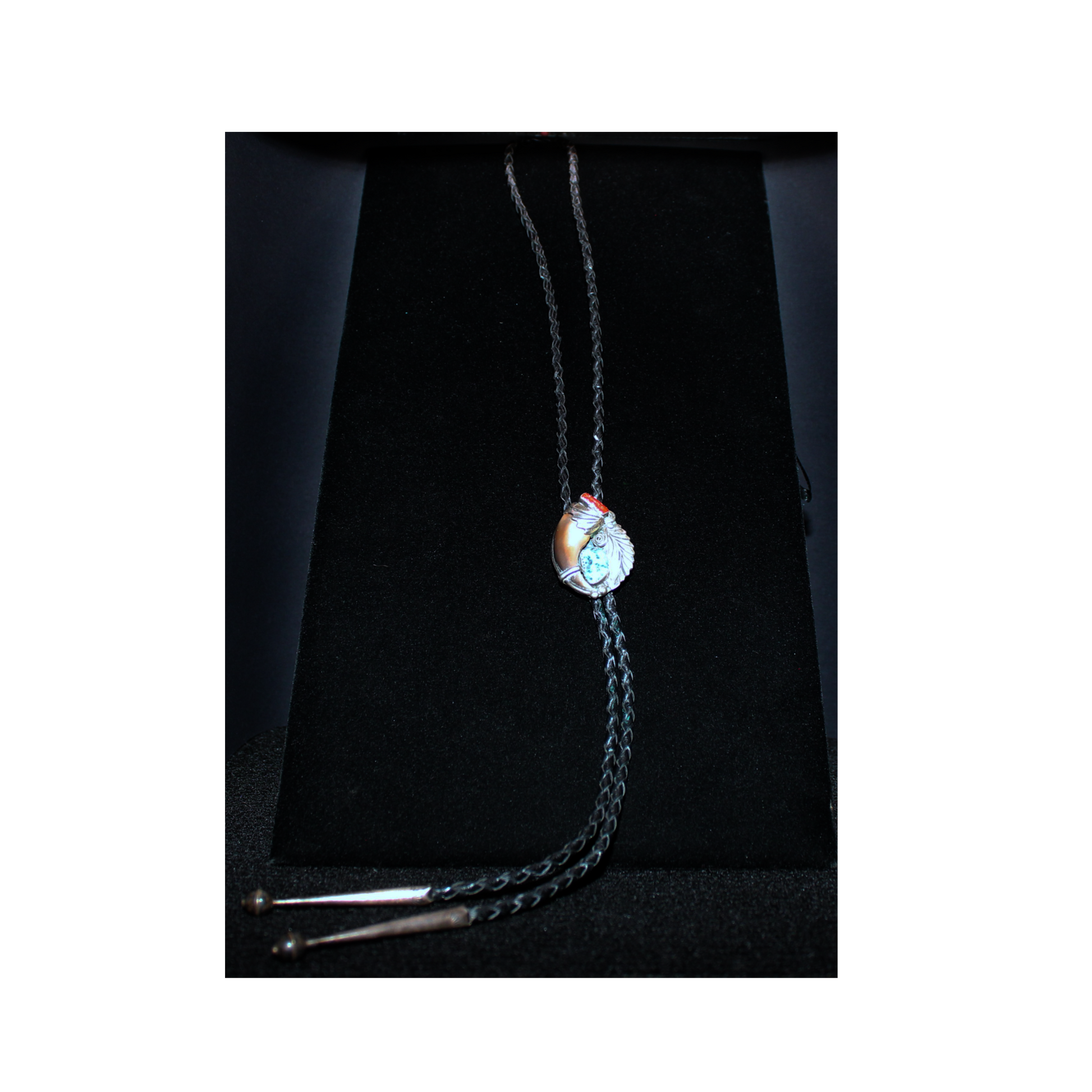 Vintage Navajo Bolo Tie w/ Bear Claw in Coral & Turquoise Stones. All