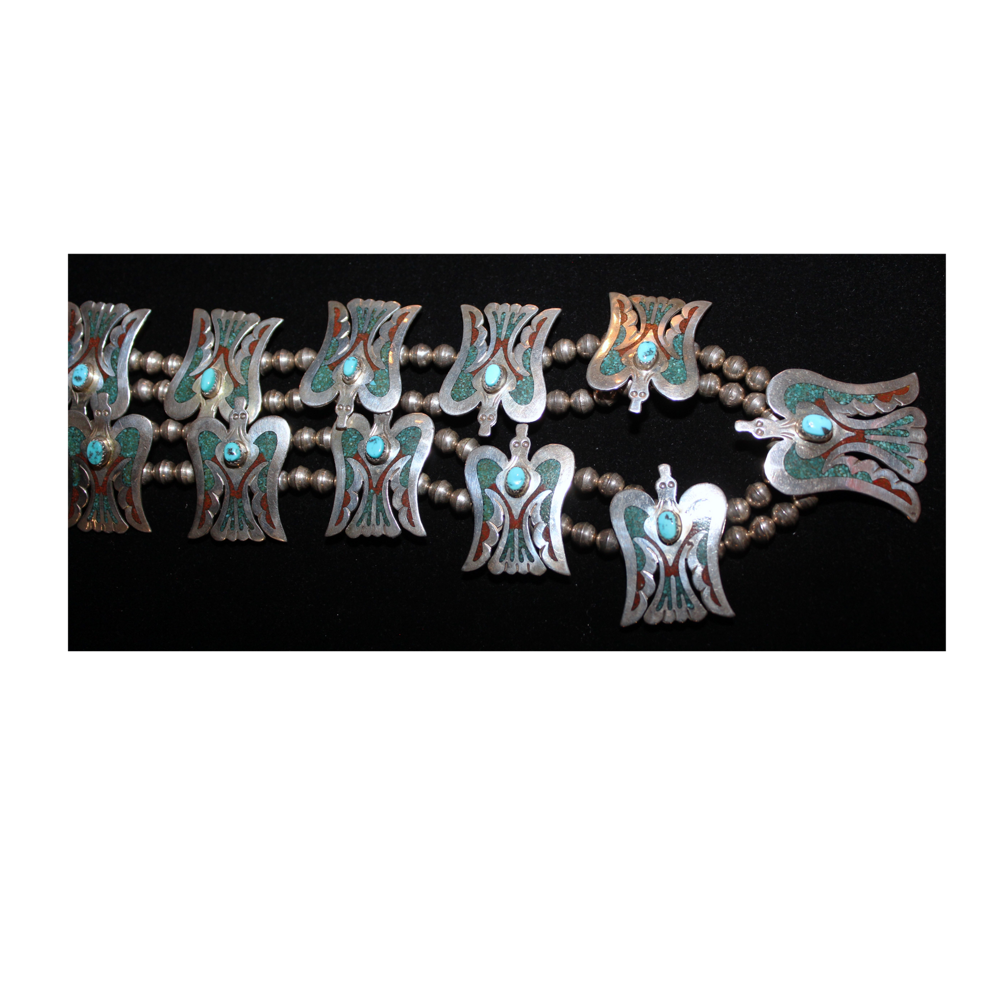 Vintage Peyote Bird Coral & Turquoise Squash Blossom Necklace w/ Match