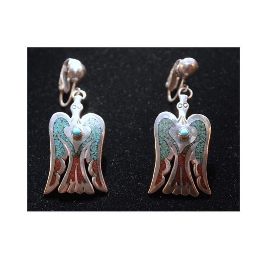 Vintage Peyote Bird Coral & Turquoise Squash Blossom Necklace w/ Matching Earrings