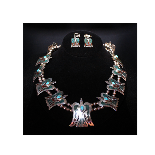 Vintage Peyote Bird Coral & Turquoise Squash Blossom Necklace w/ Matching Earrings