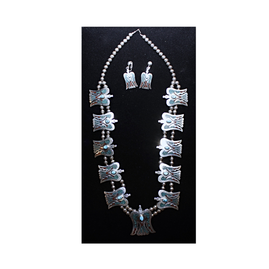 Vintage Peyote Bird Coral & Turquoise Squash Blossom Necklace w/ Matching Earrings